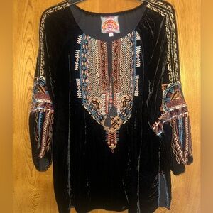 Johnny Was Black and Gold Embellished Bib Collar Blouse